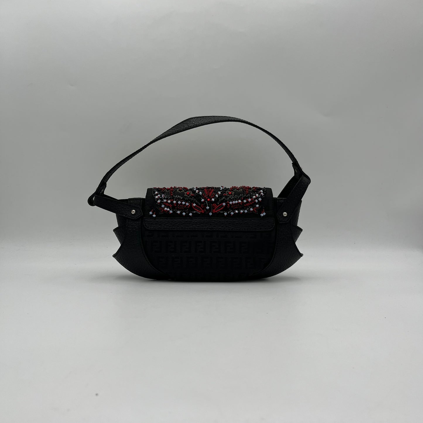 Fendi Black Zucchino Canvas and Leather Beaded Twist Lock Baguette