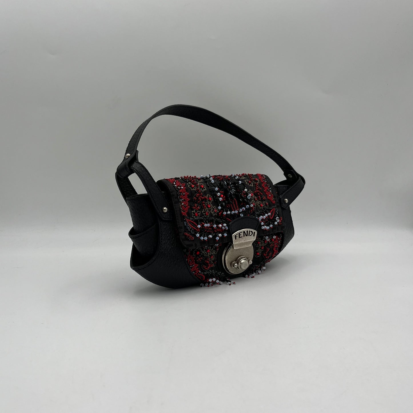 Fendi Black Zucchino Canvas and Leather Beaded Twist Lock Baguette
