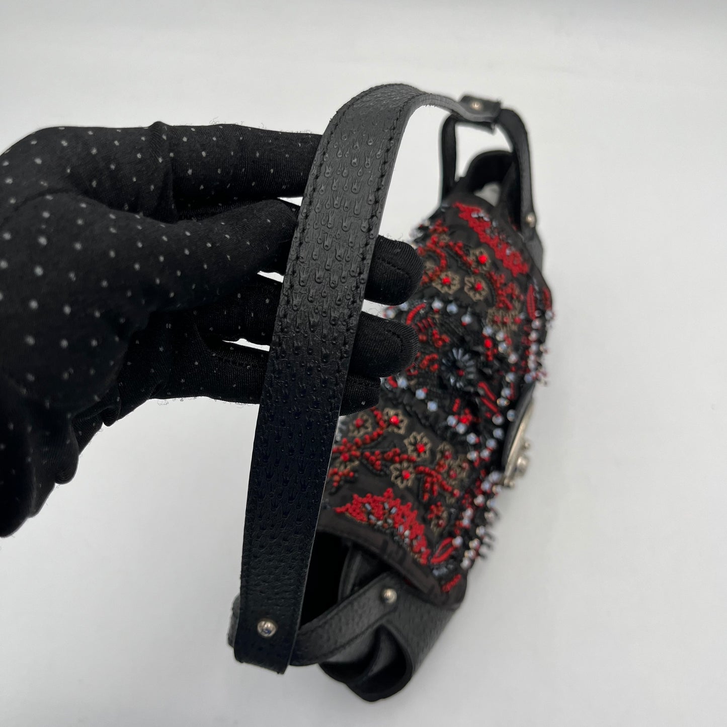 Fendi Black Zucchino Canvas and Leather Beaded Twist Lock Baguette