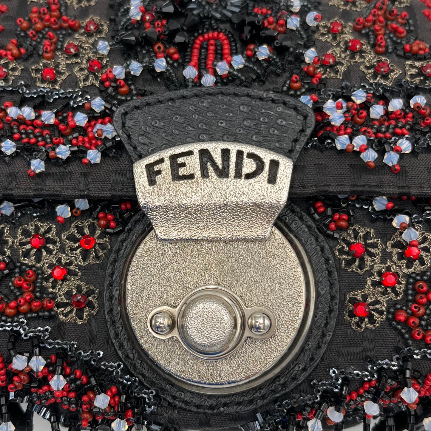 Fendi Black Zucchino Canvas and Leather Beaded Twist Lock Baguette