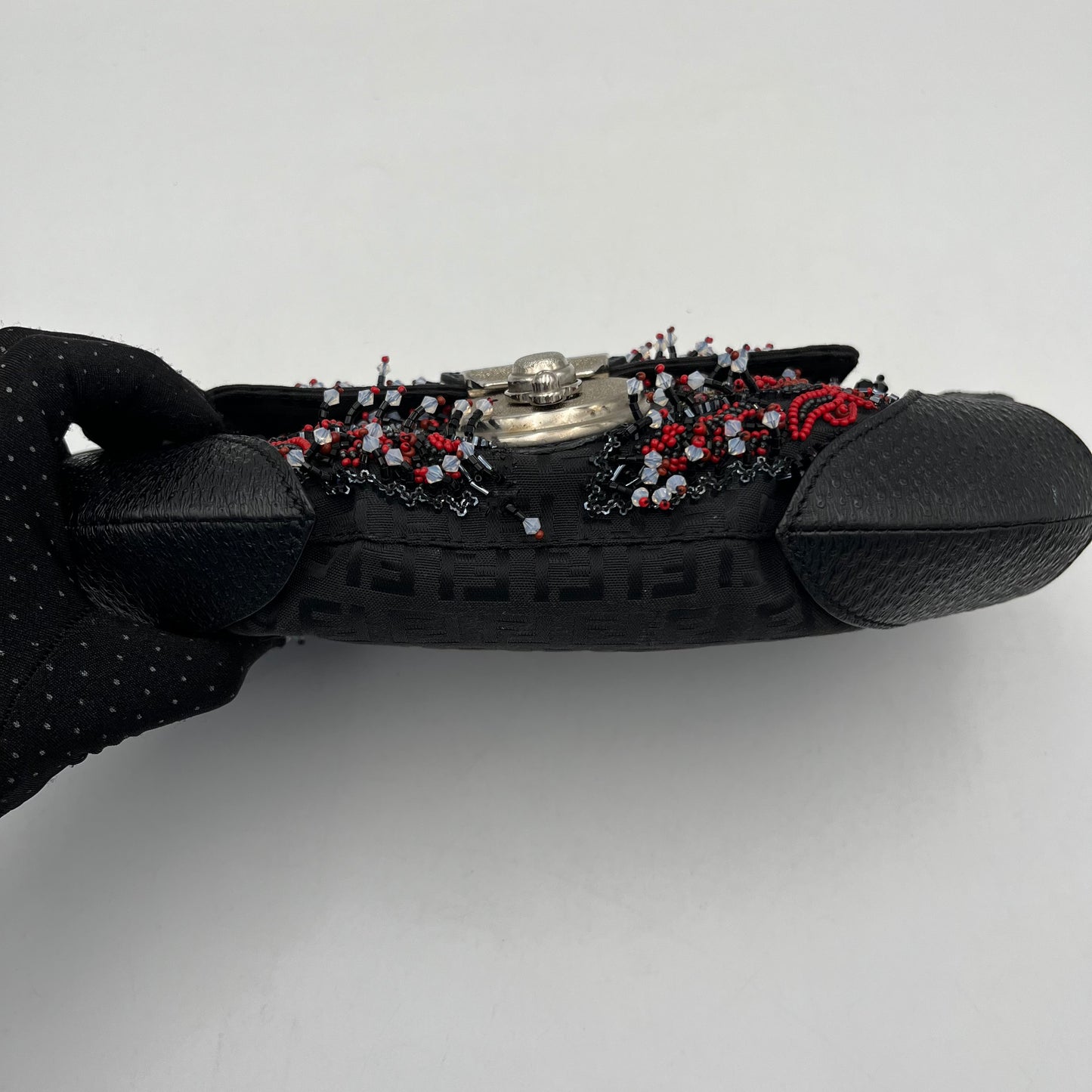 Fendi Black Zucchino Canvas and Leather Beaded Twist Lock Baguette
