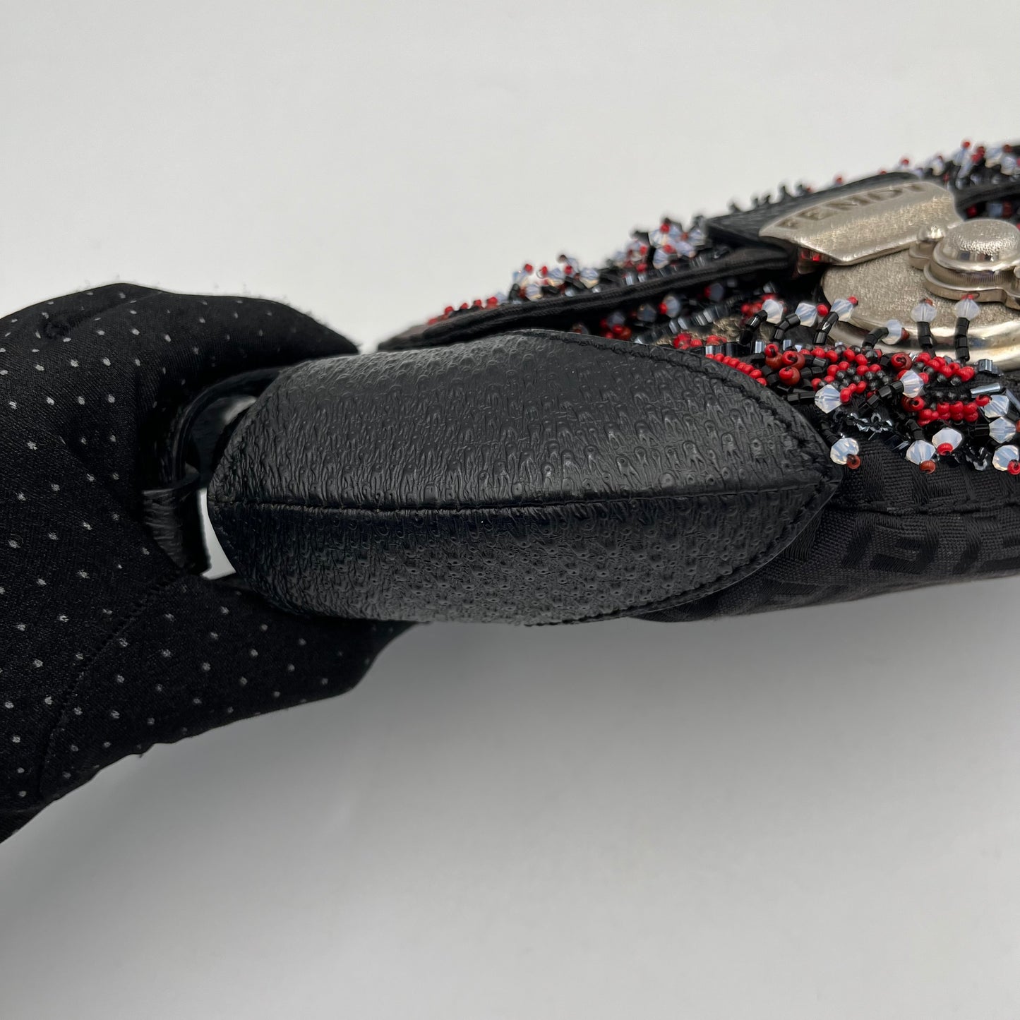 Fendi Black Zucchino Canvas and Leather Beaded Twist Lock Baguette