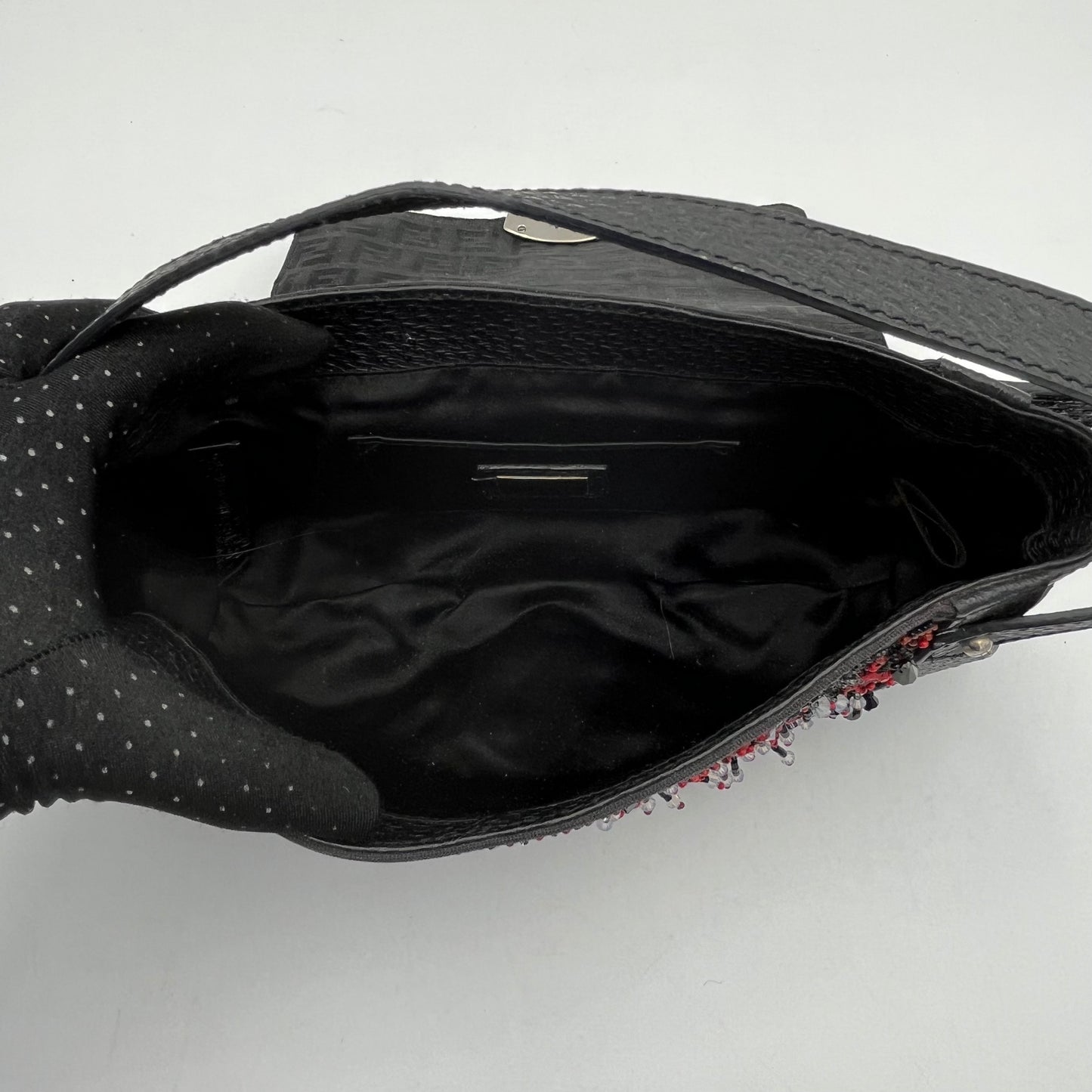 Fendi Black Zucchino Canvas and Leather Beaded Twist Lock Baguette