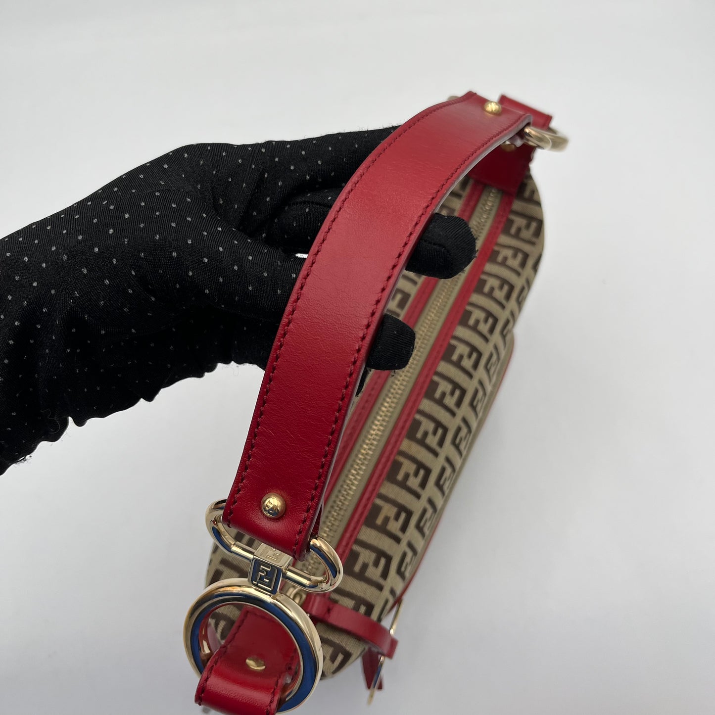 Fendi Brown Zucchino Canvas Red Leather Chef Baguette