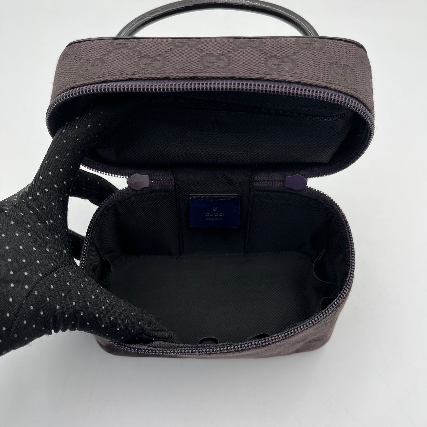 Gucci Monogram Canvas Patent Leather Mini Vanity Handbag