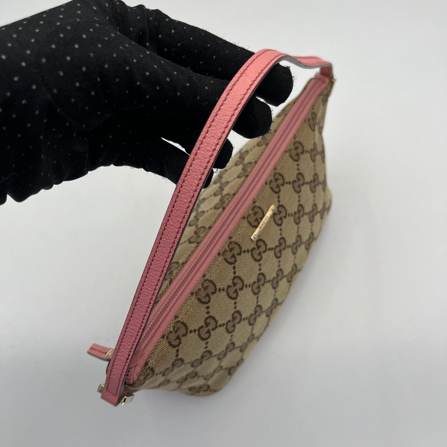 Gucci Brown Monogram Canvas Pink Leather Boat Pochette