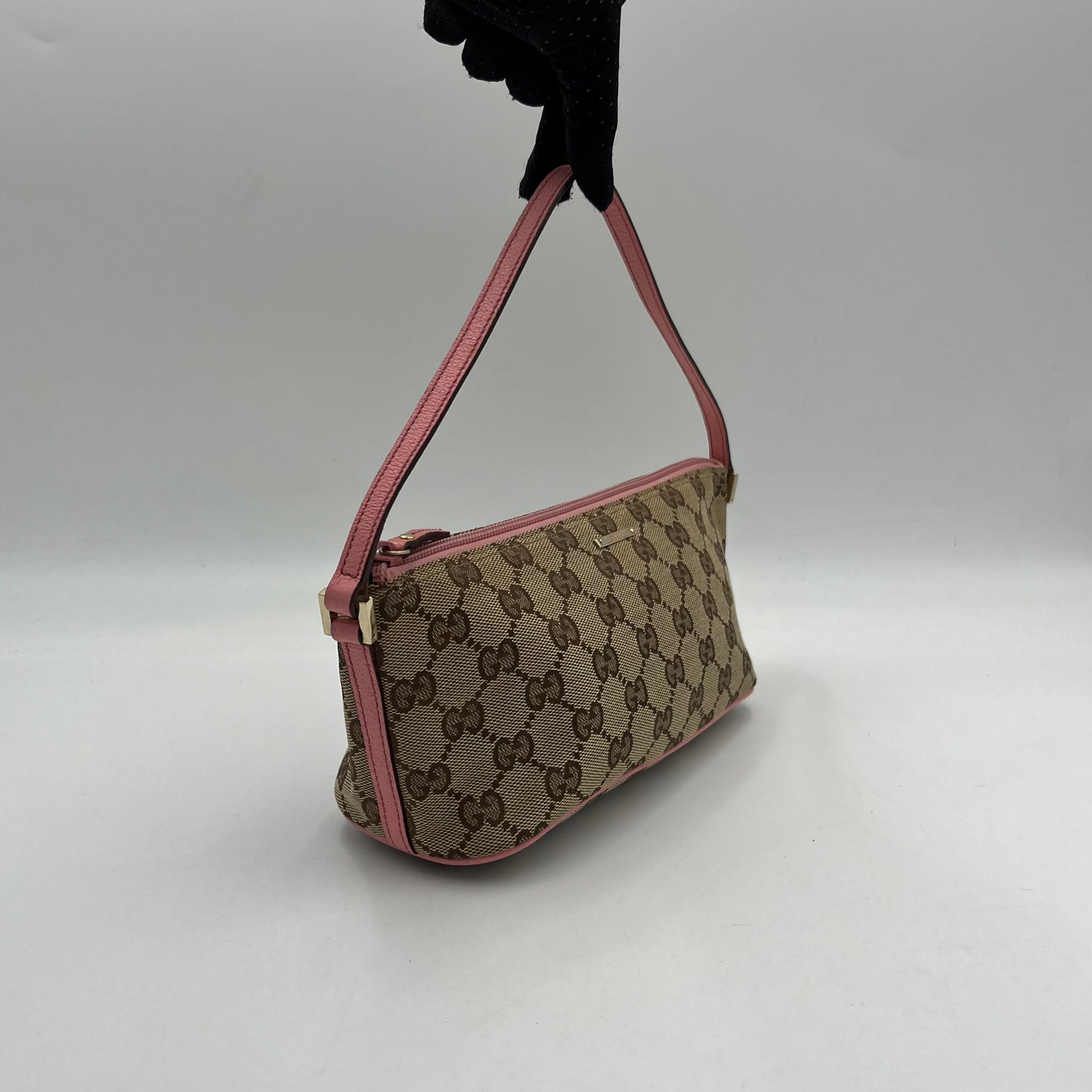 Gucci Brown Monogram Canvas Pink Leather Boat Pochette