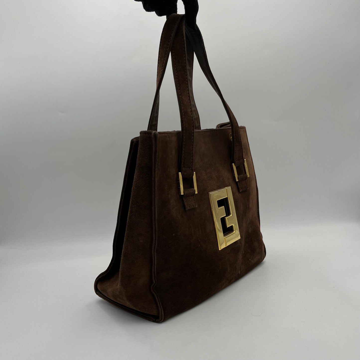 Fendi Vintage Brown Suede Gold FF Logo Handbag