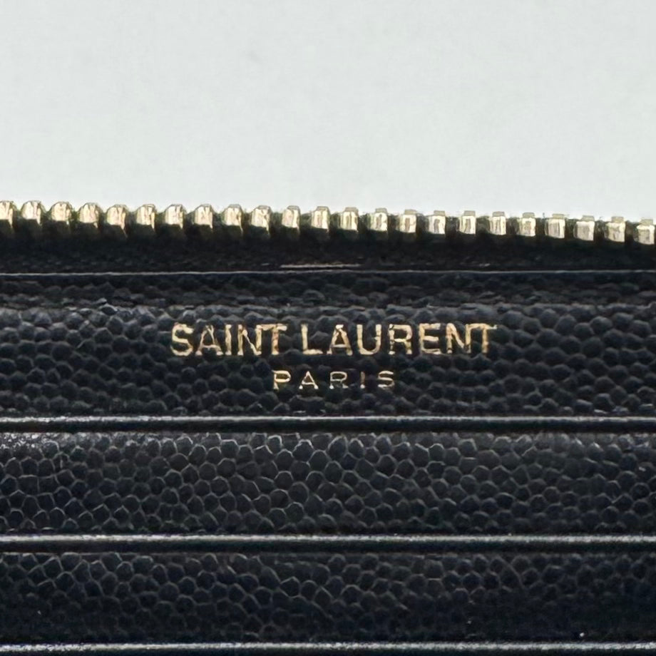 YSL Black Grained Leather Cassandre Matelasse Zip Around Medium Wallet GHW