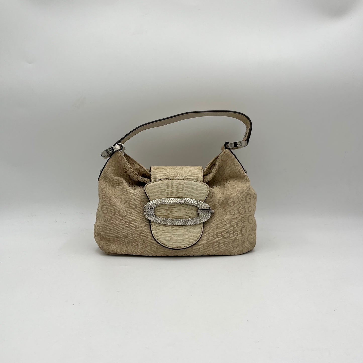 Guess Beige Monogram Bedazzled G Baguette