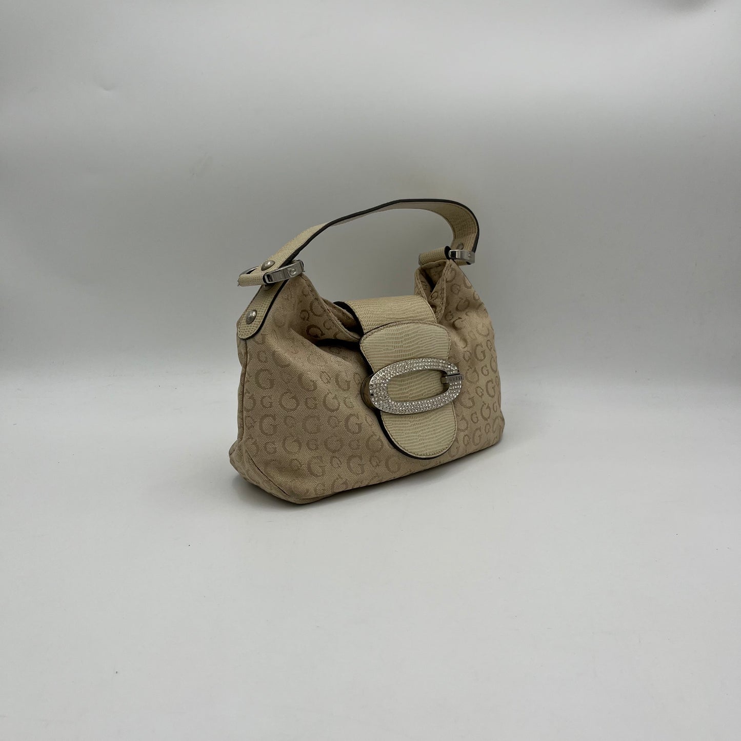 Guess Beige Monogram Bedazzled G Baguette