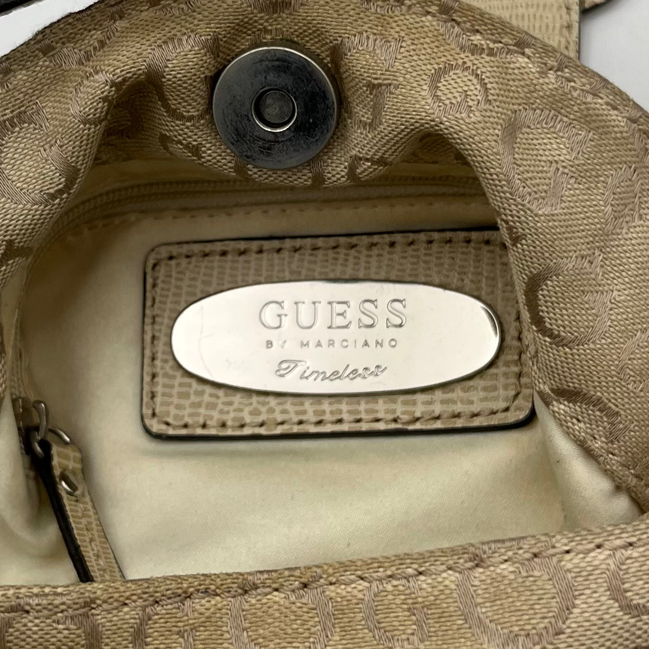 Guess Beige Monogram Bedazzled G Baguette