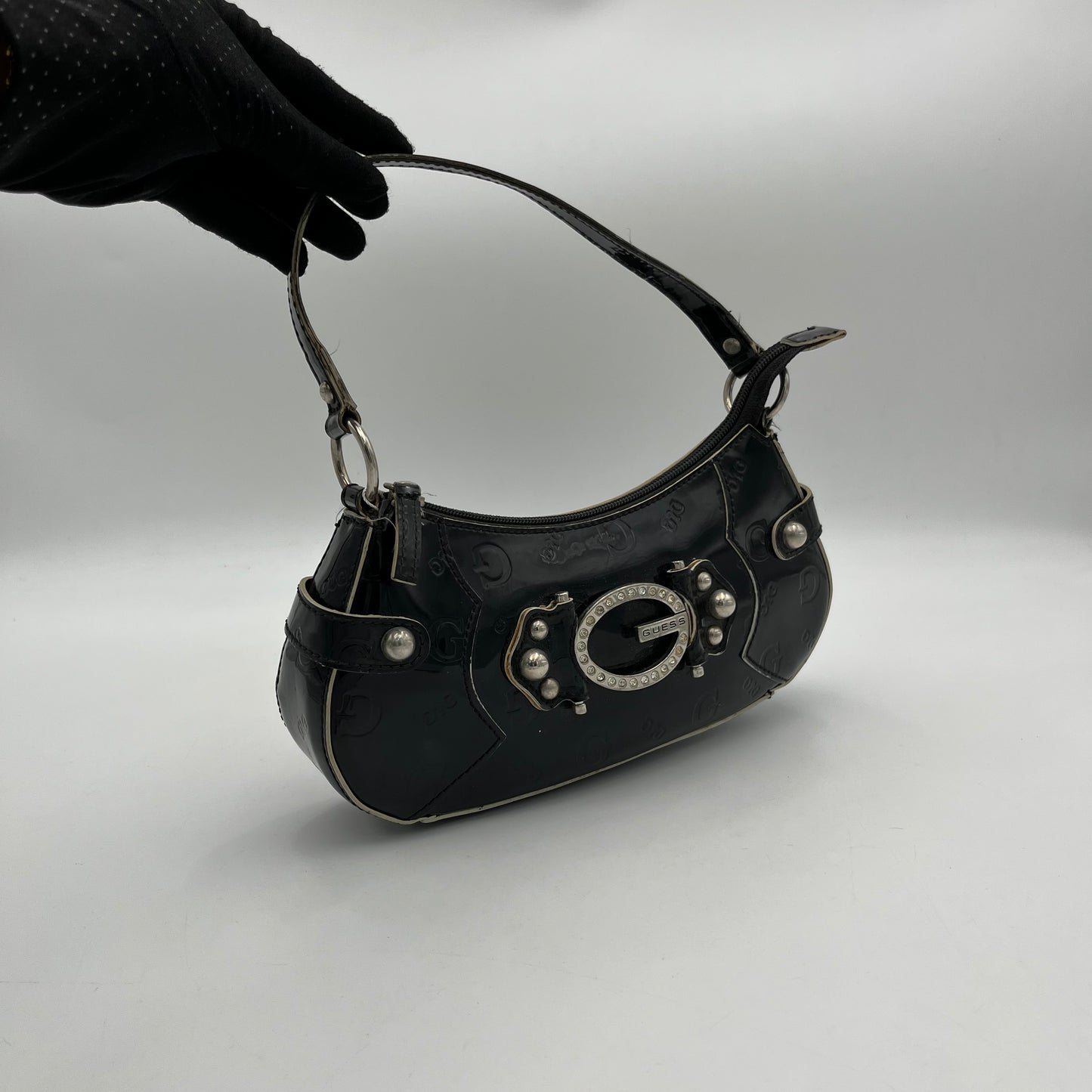 Guess Black Monogram Patent Baguette