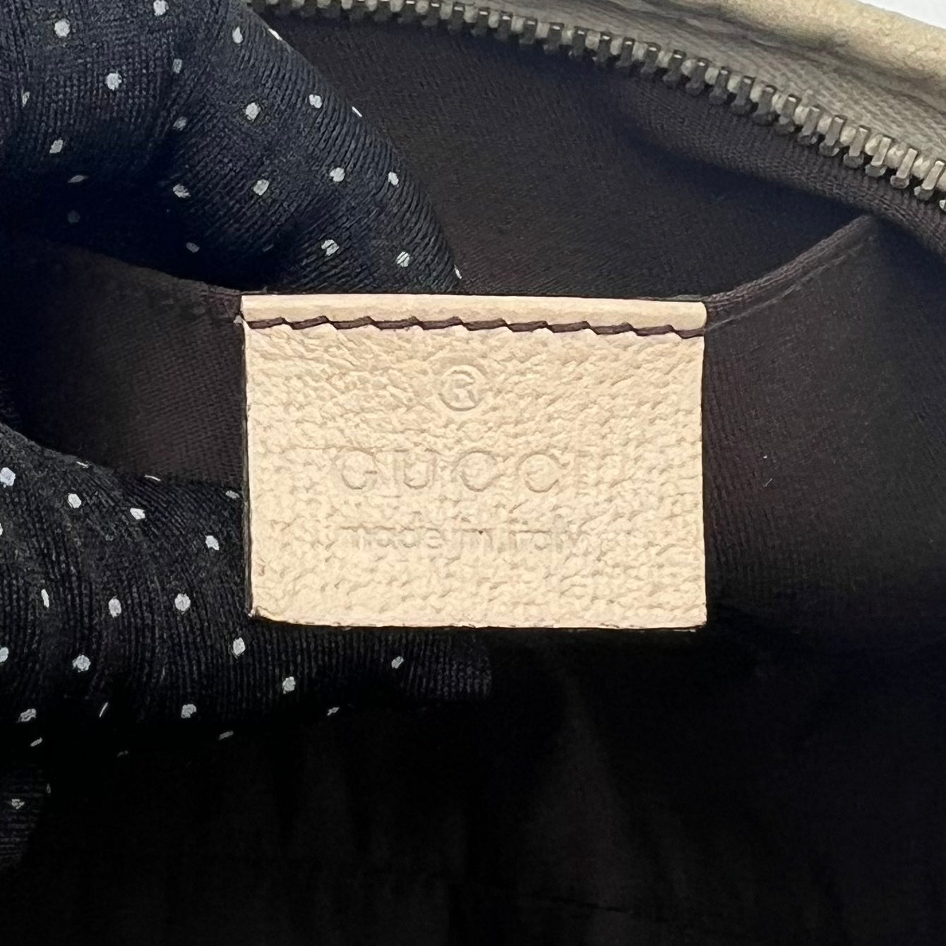 Gucci Beige Monogram Canvas and White Leather Abbey D-Ring Pochette