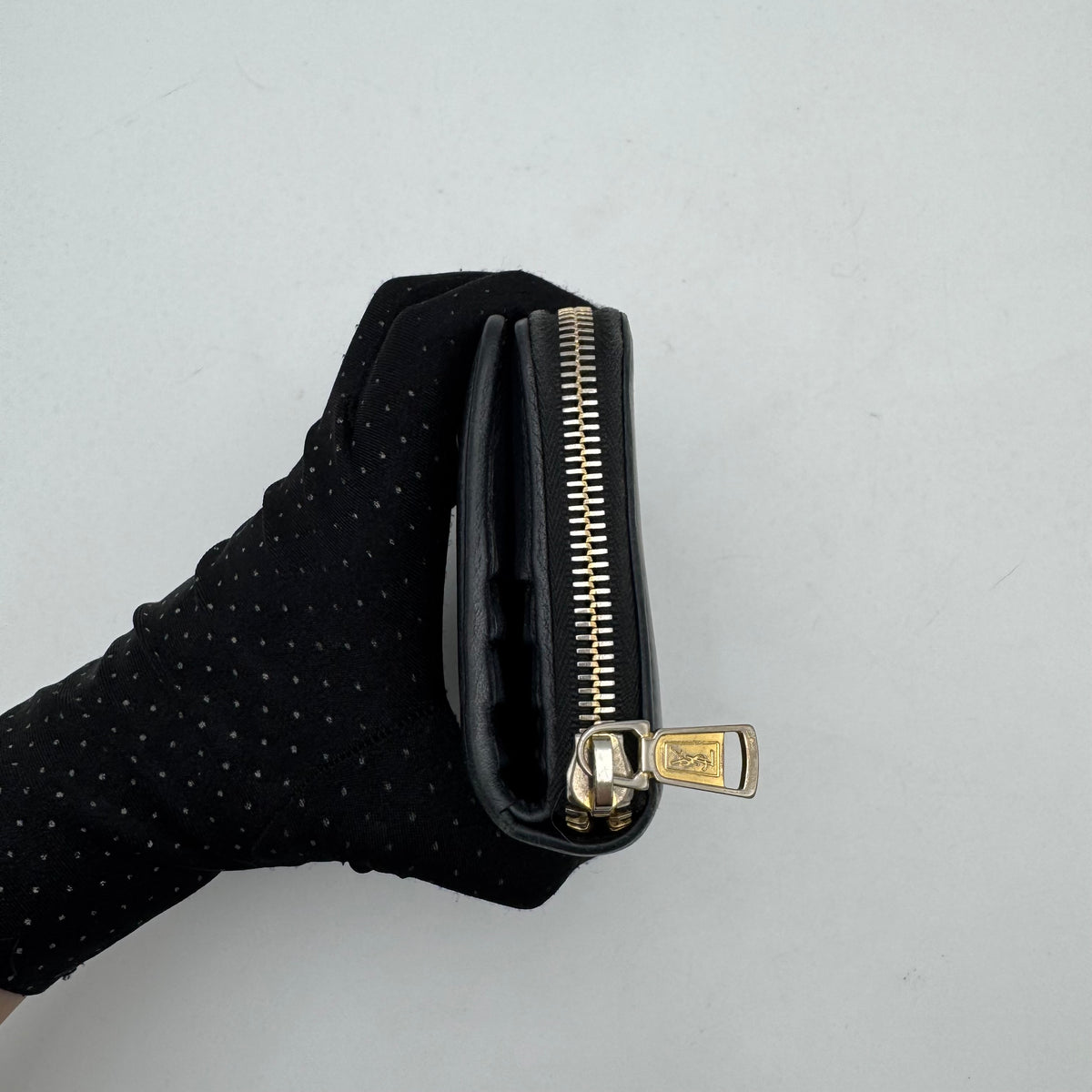 YSL Black Leather Logo Stitch Short Compact Wallet