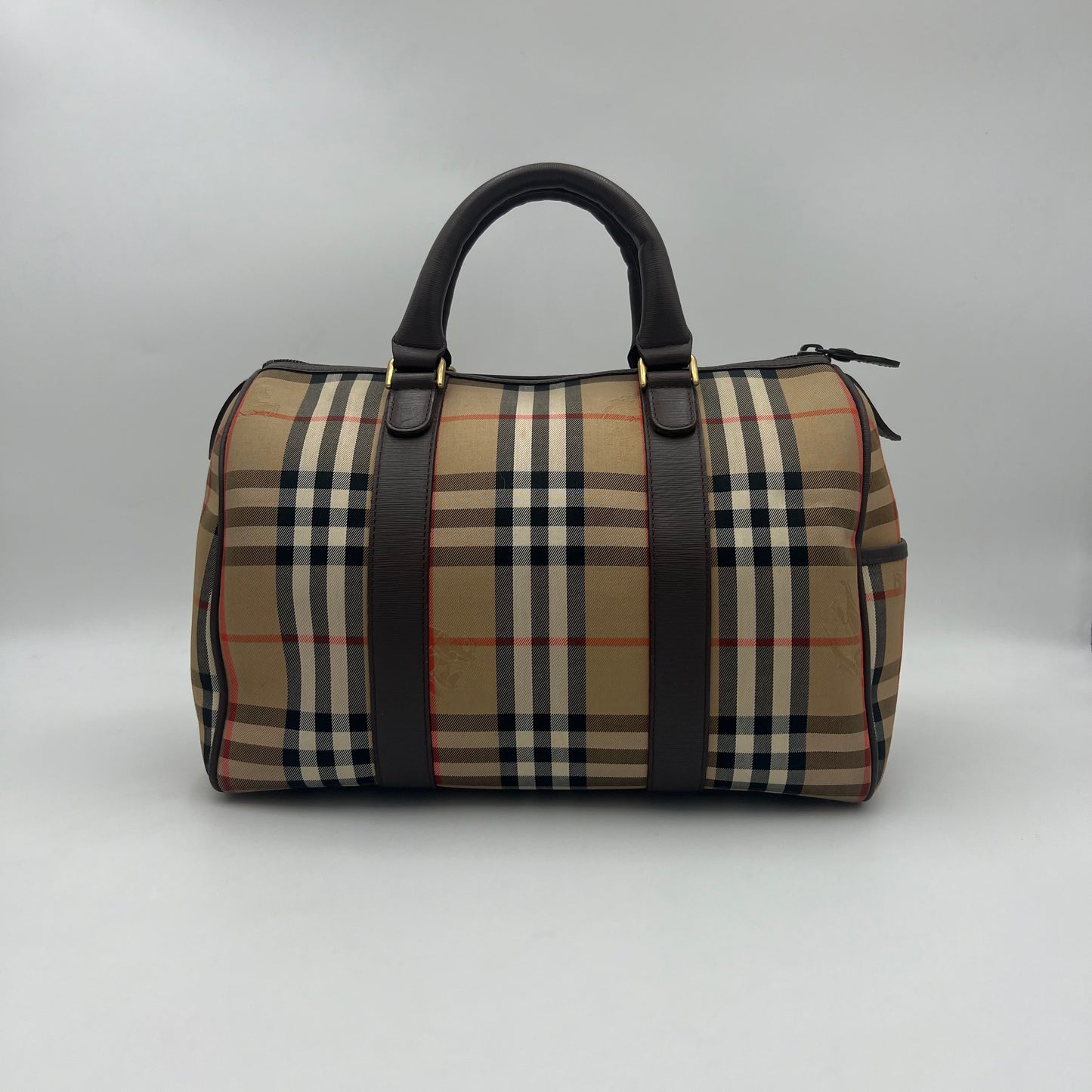 Burberry Haymarket Cloth Brown Leather Boston 30