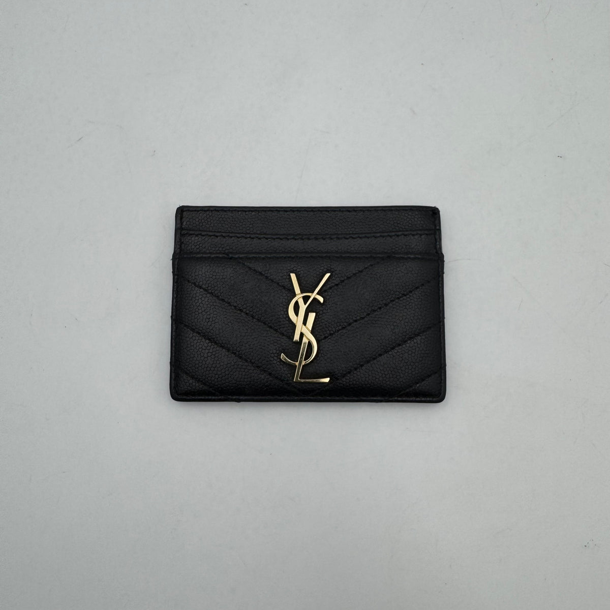 YSL Black Grained Leather Cassandre Matelasse Card Holder GHW