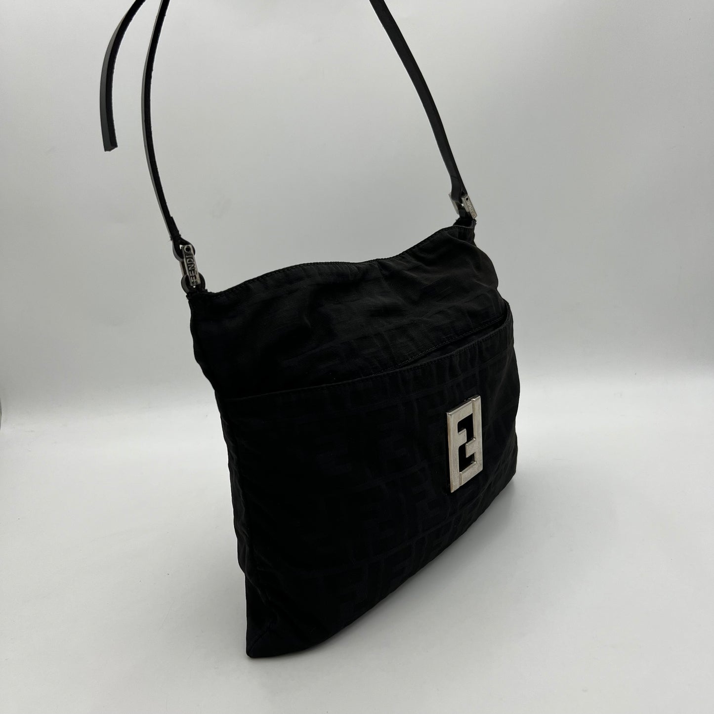 Fendi Black Zucca Canvas FF Plate Shoulder Bag