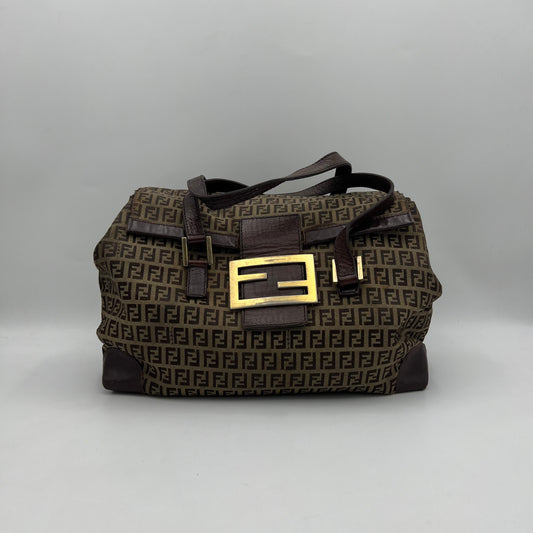 Fendi Brown Zucchino FF Buckle Flap Large Handbag