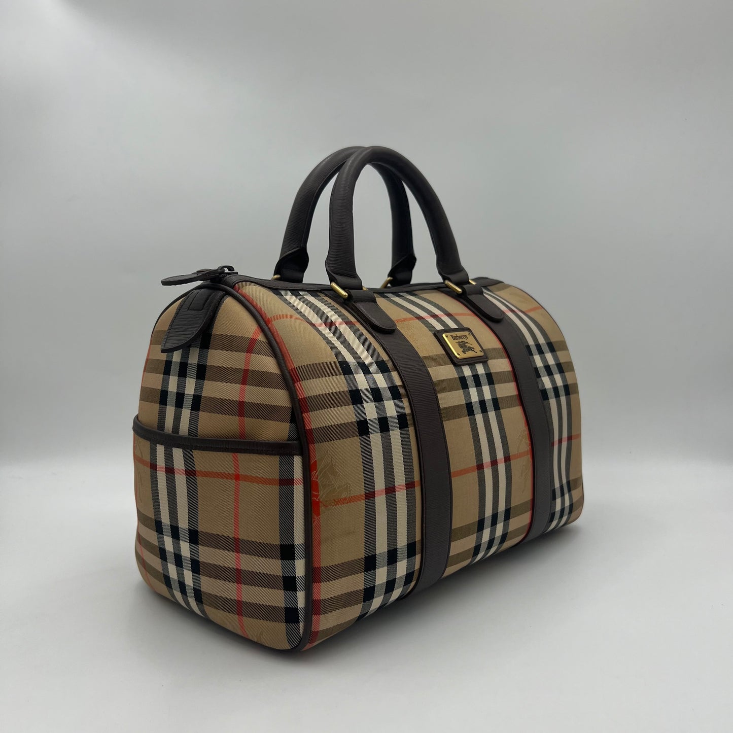 Burberry Haymarket Cloth Brown Leather Boston 30