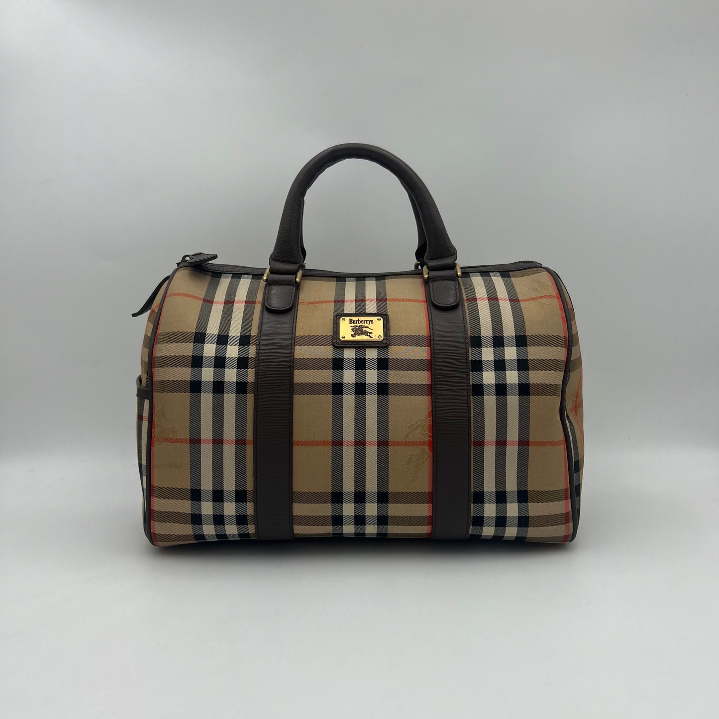 Burberry Haymarket Cloth Brown Leather Boston 30