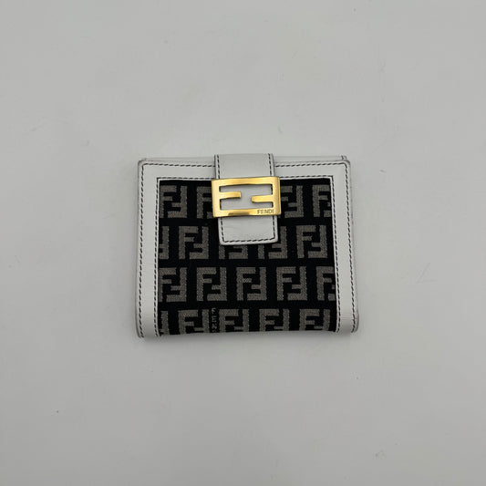 Fendi Black Gray Zucchino Canvas White Leather Bifold Short Wallet