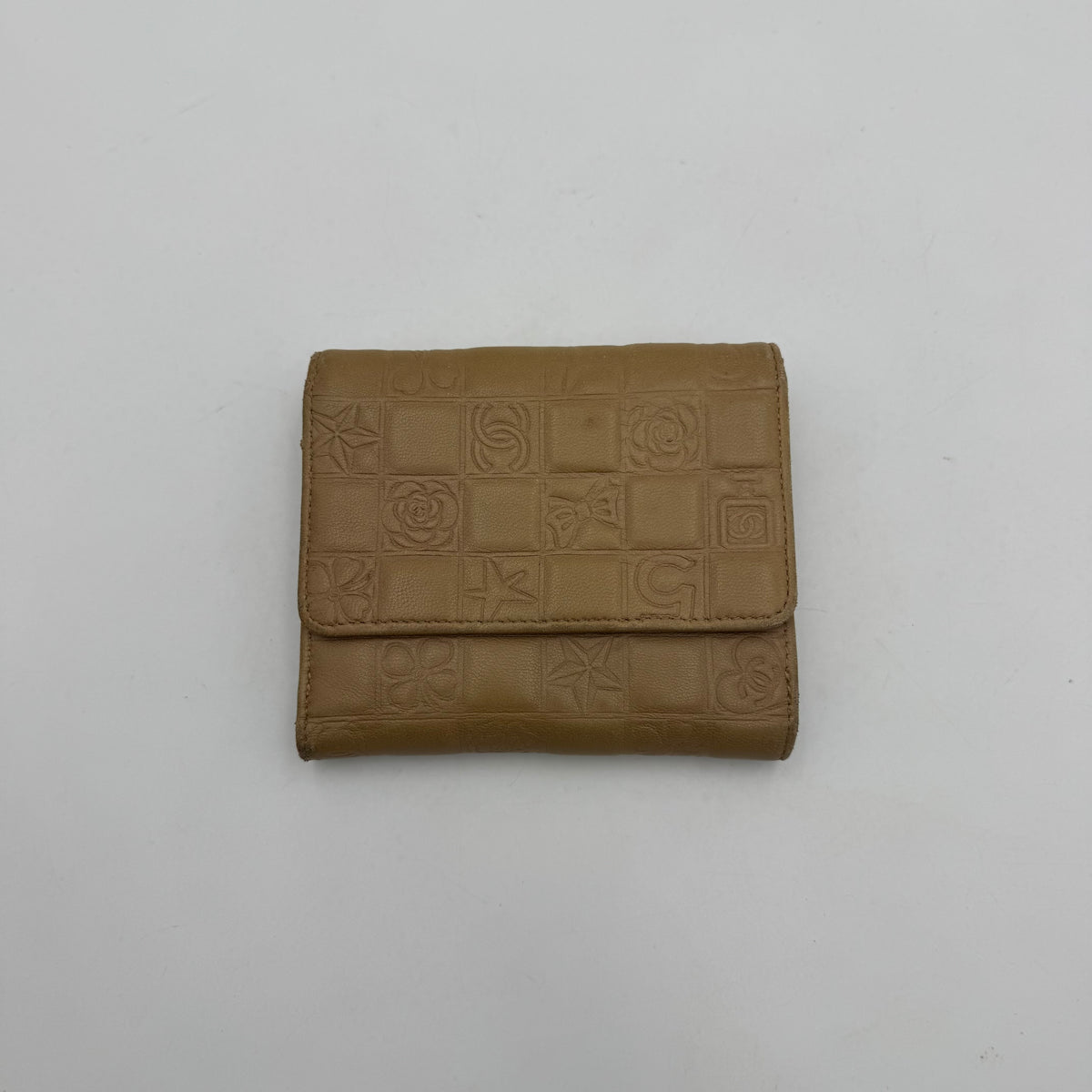 Chanel Beige Leather Icon Line Bifold Short Wallet