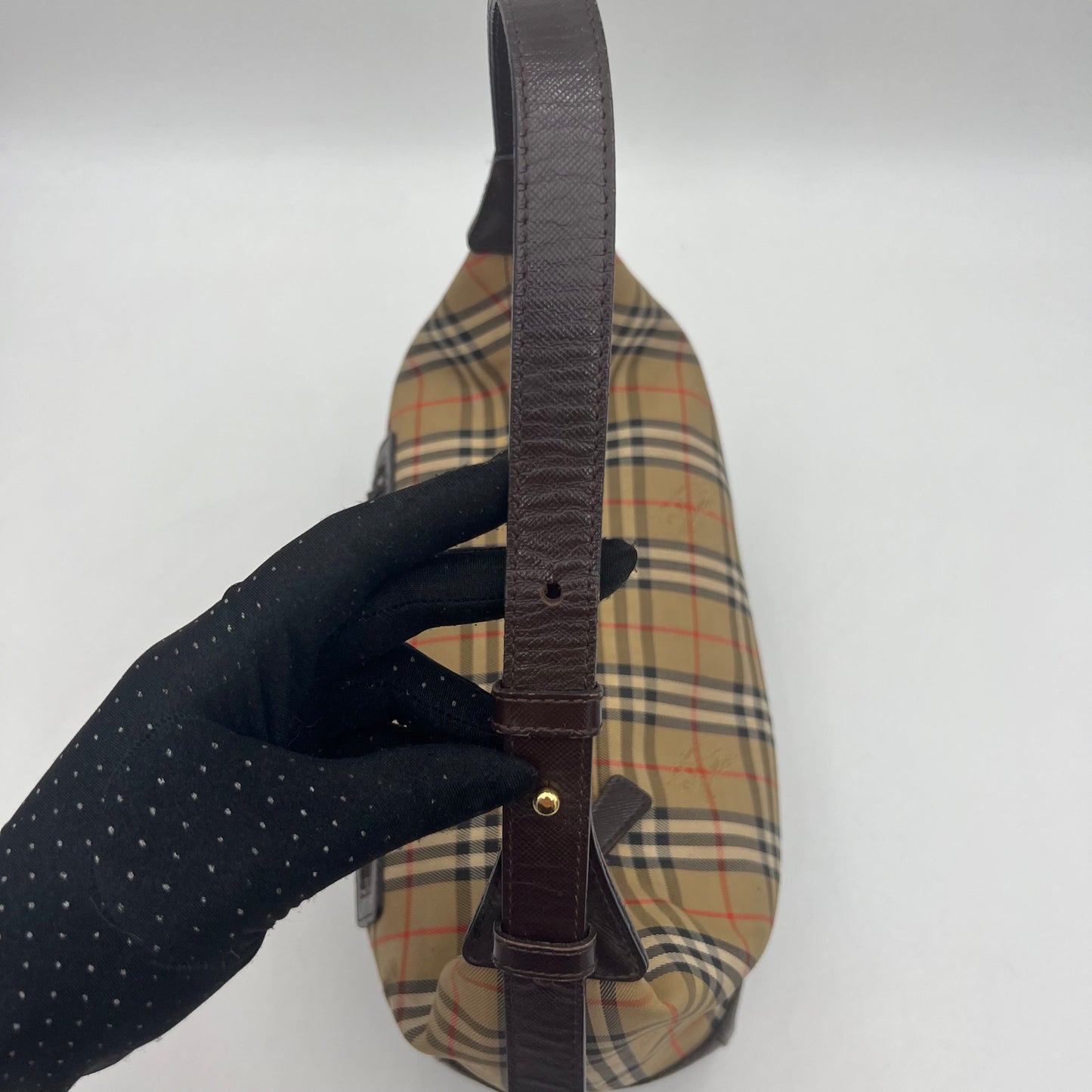 Burberry Brown Leather Haymarket Canvas Hobo Shoulder Bag