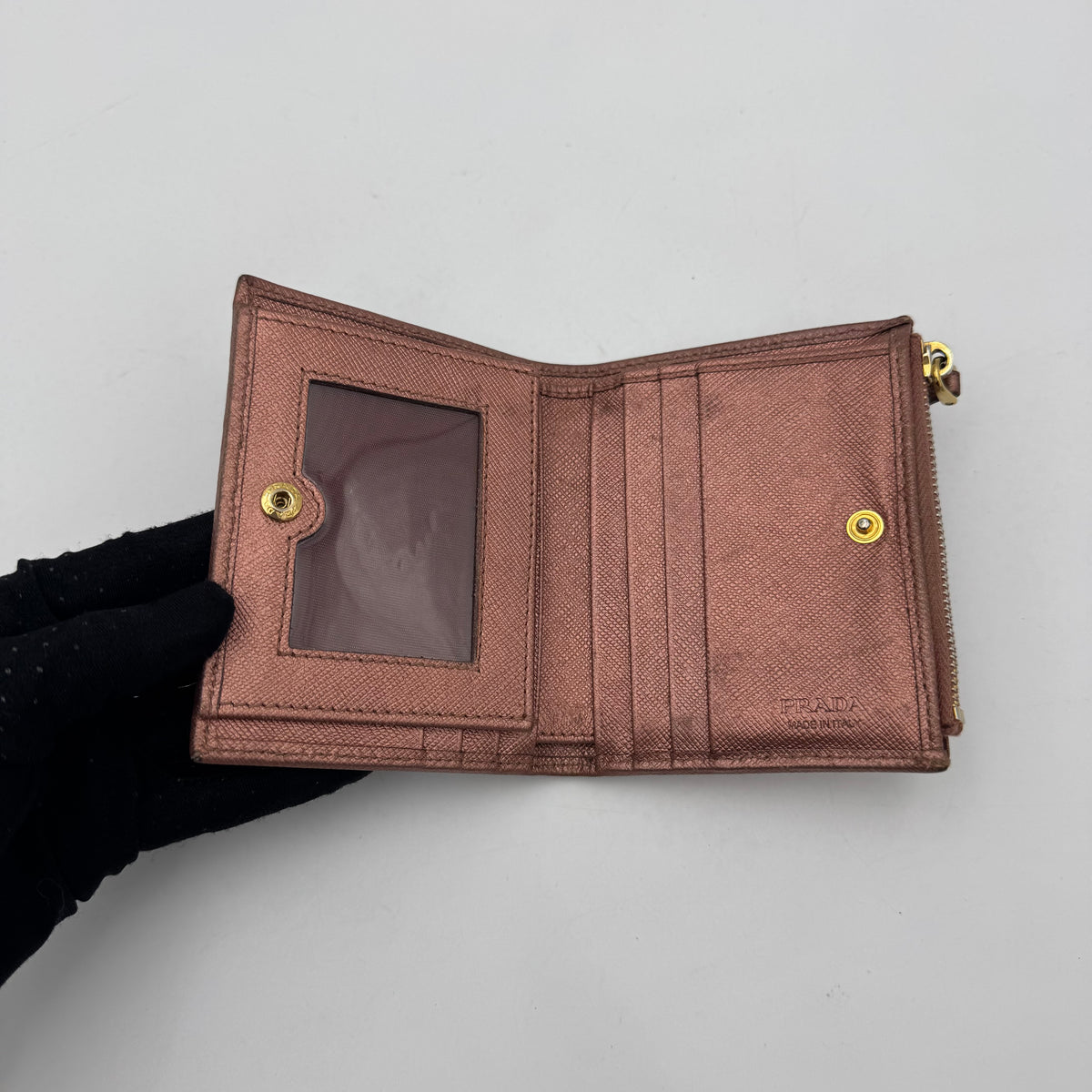 Prada Metallic Pink Saffiano Bifold Compact Wallet