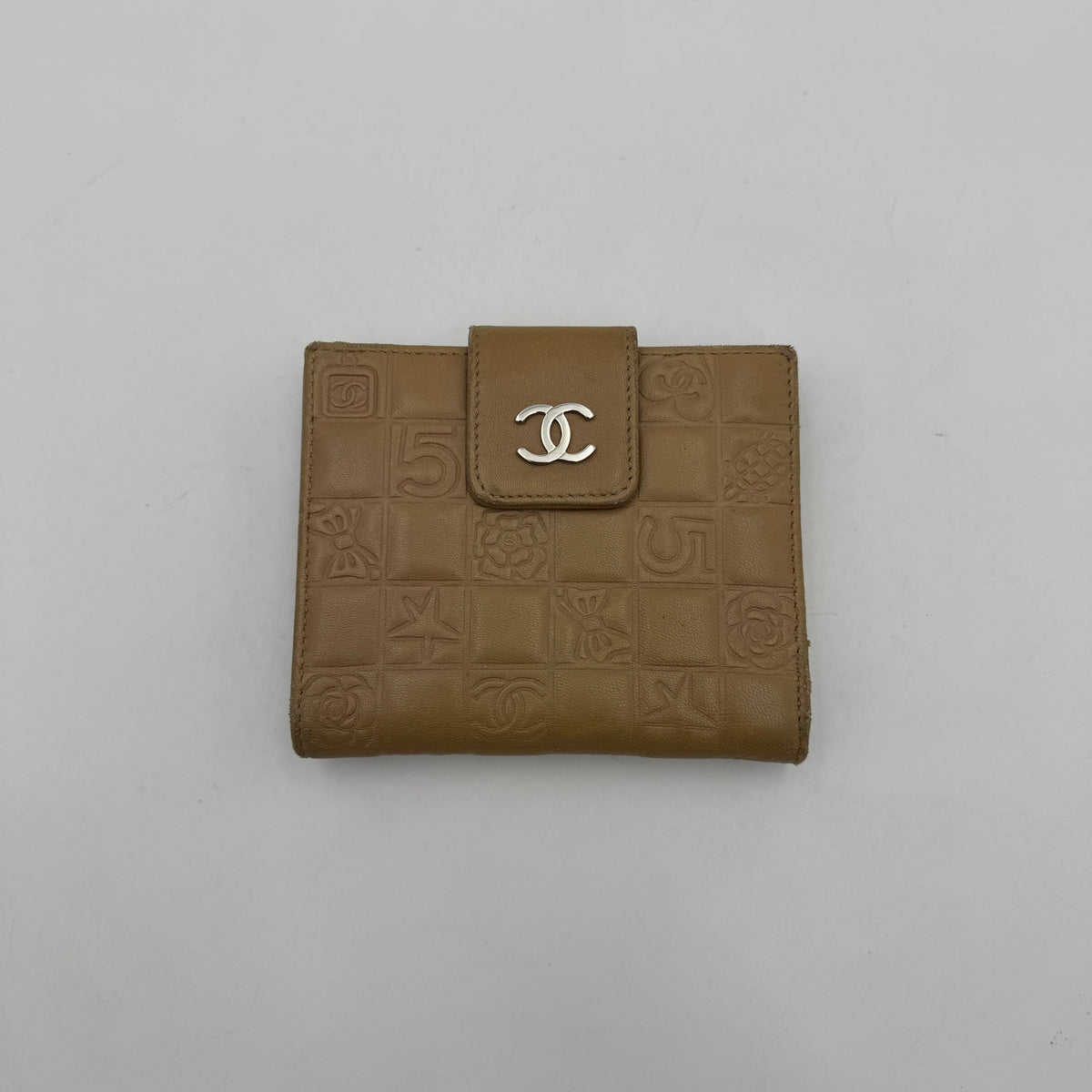 Chanel Beige Leather Icon Line Bifold Short Wallet