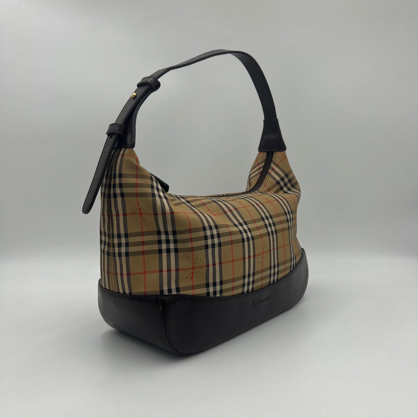 Burberry Brown Leather Haymarket Canvas Hobo Shoulder Bag