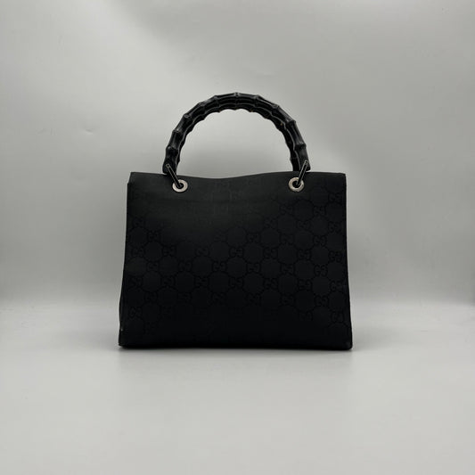 Gucci Black GG Monogram Nylon Bamboo Handbag