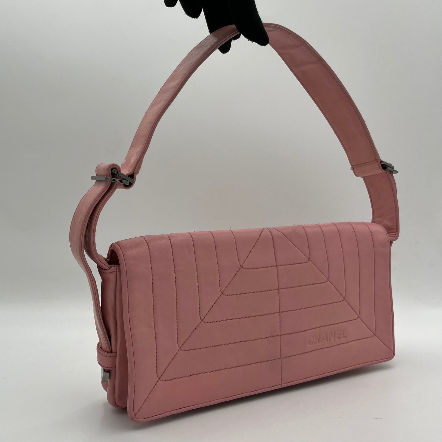 Chanel Pink Stitched Leather Flap Baguette