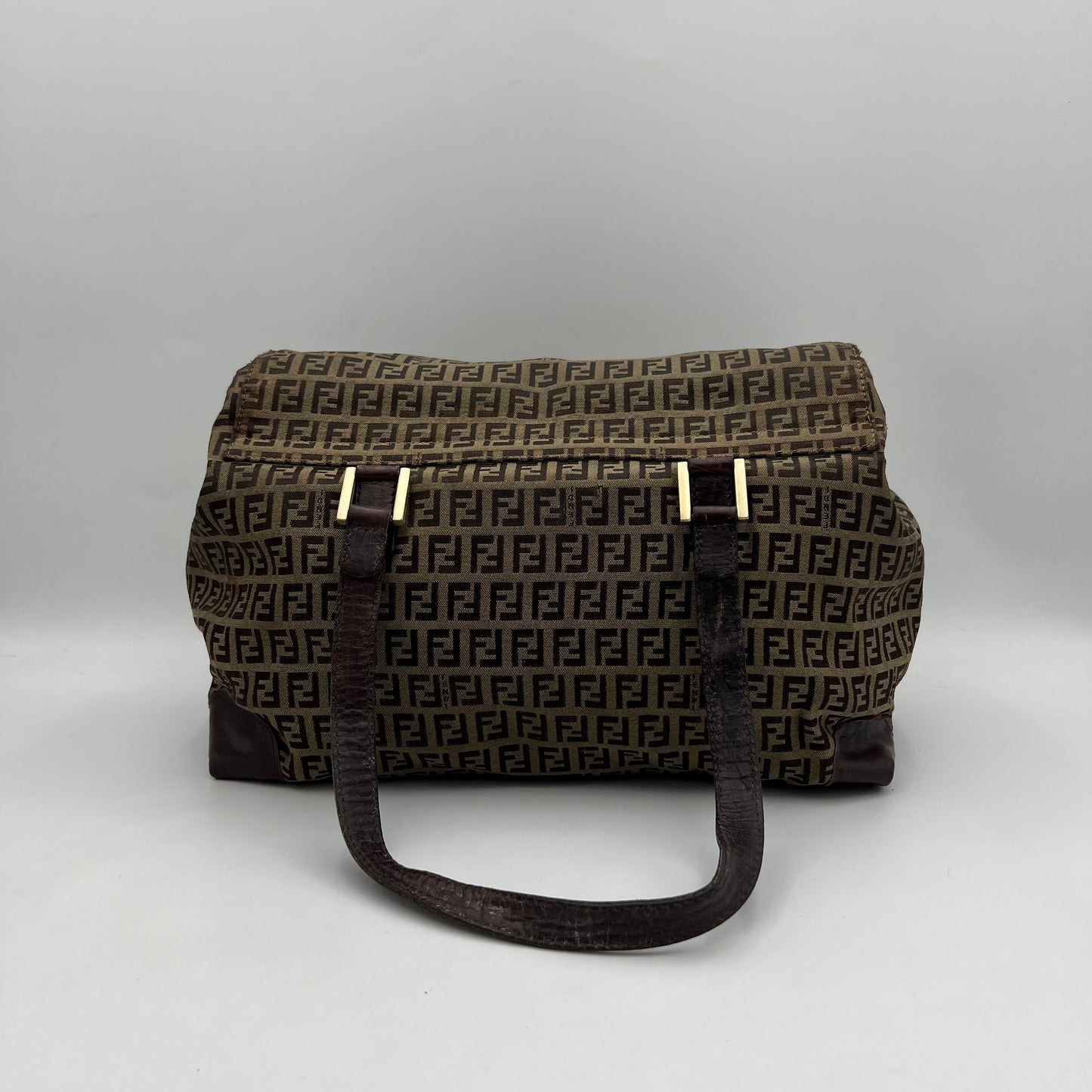 Fendi Brown Zucchino FF Buckle Flap Large Handbag