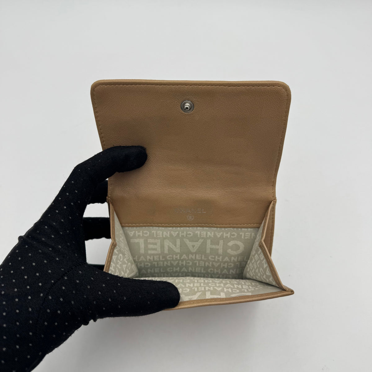 Chanel Beige Leather Icon Line Bifold Short Wallet