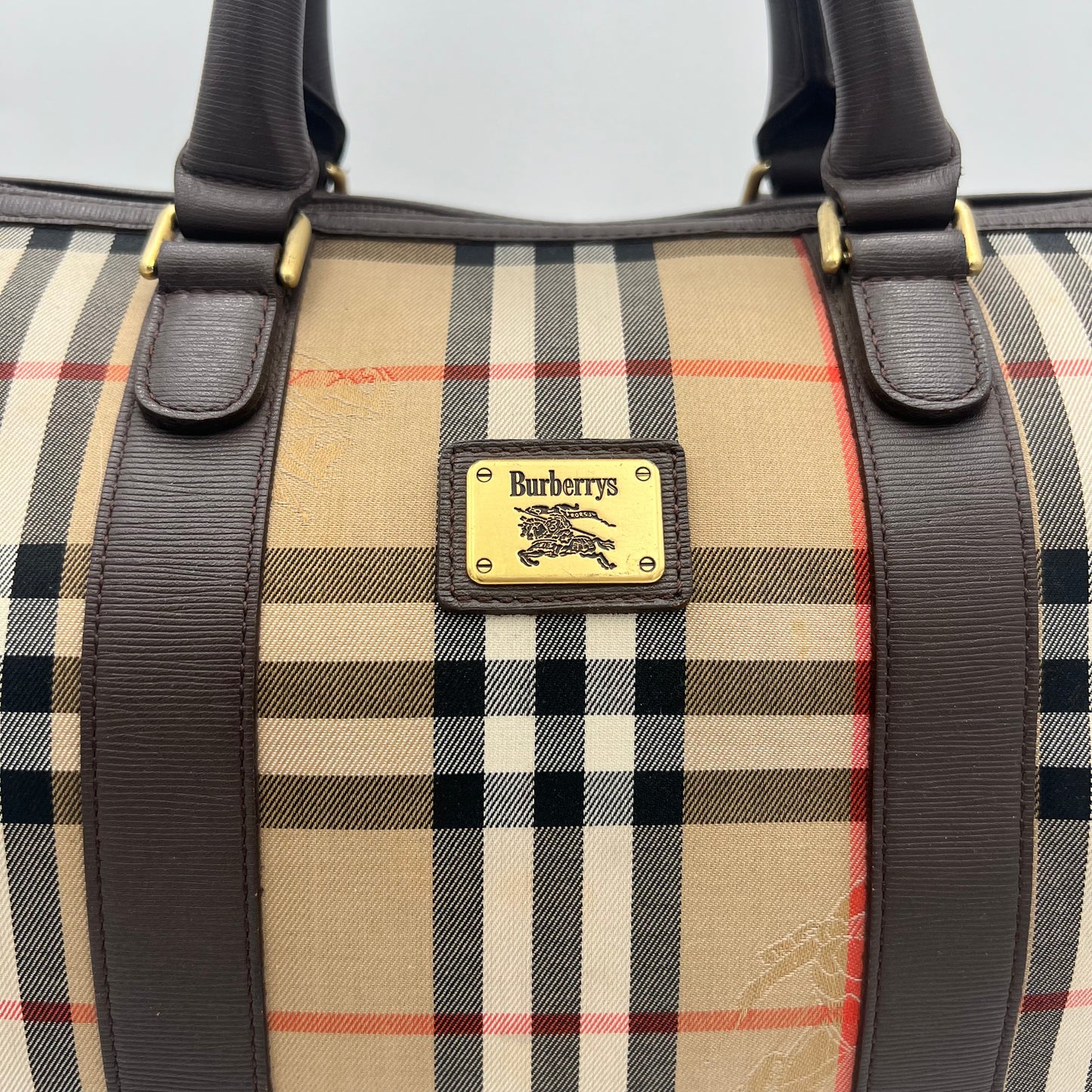 Burberry Haymarket Cloth Brown Leather Boston 30