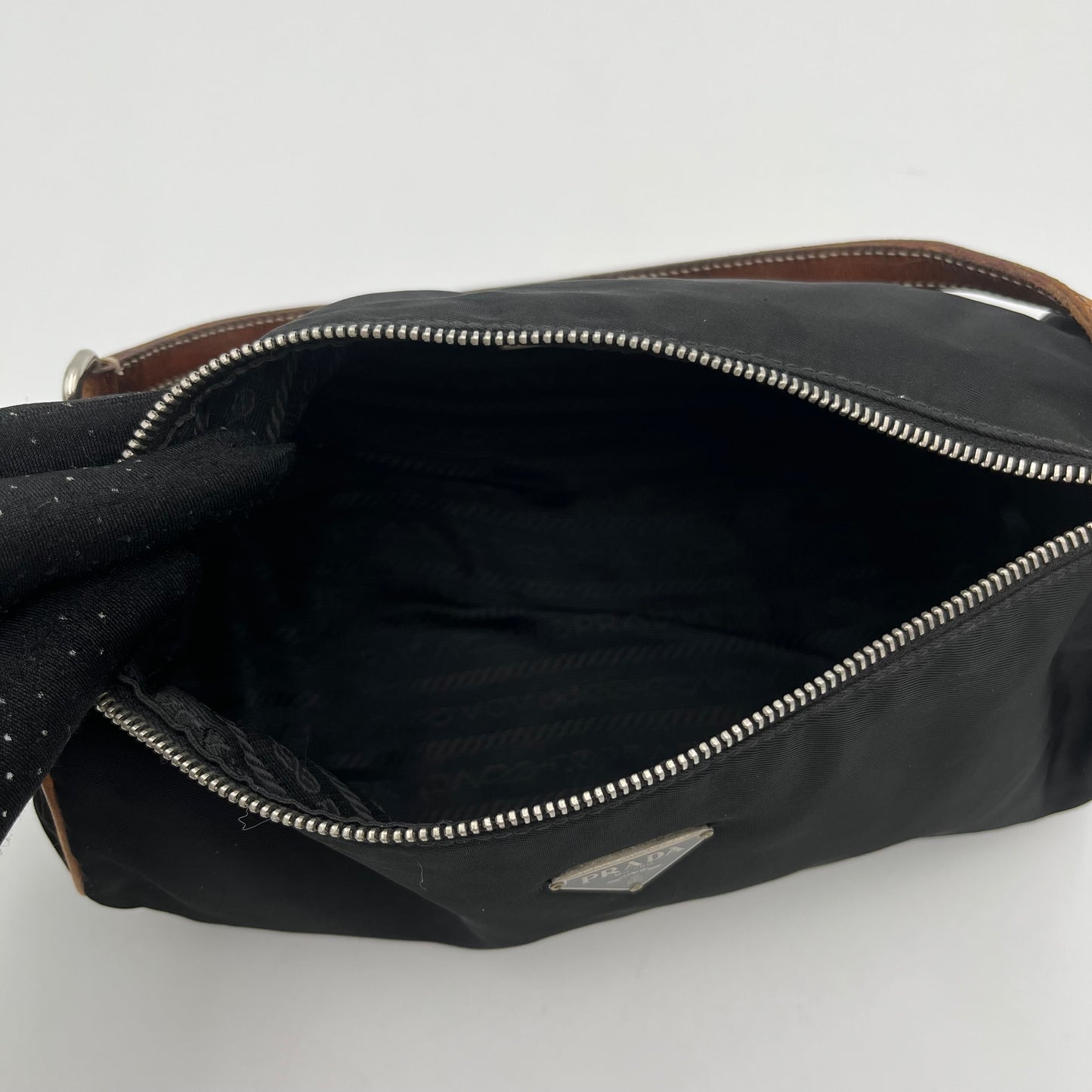 Prada Black Nylon Brown Leather Barrel Pochette