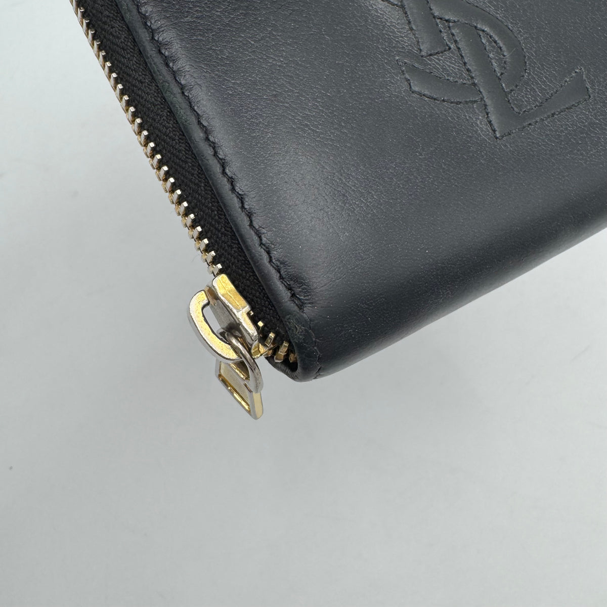 YSL Black Leather Logo Stitch Short Compact Wallet