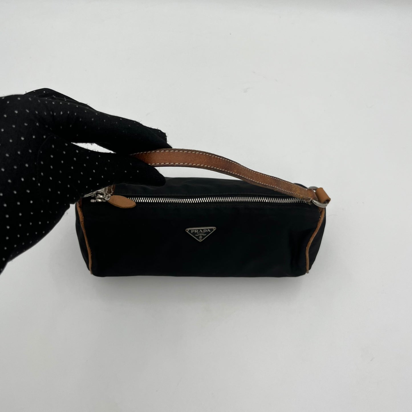 Prada Black Nylon Brown Leather Barrel Pochette