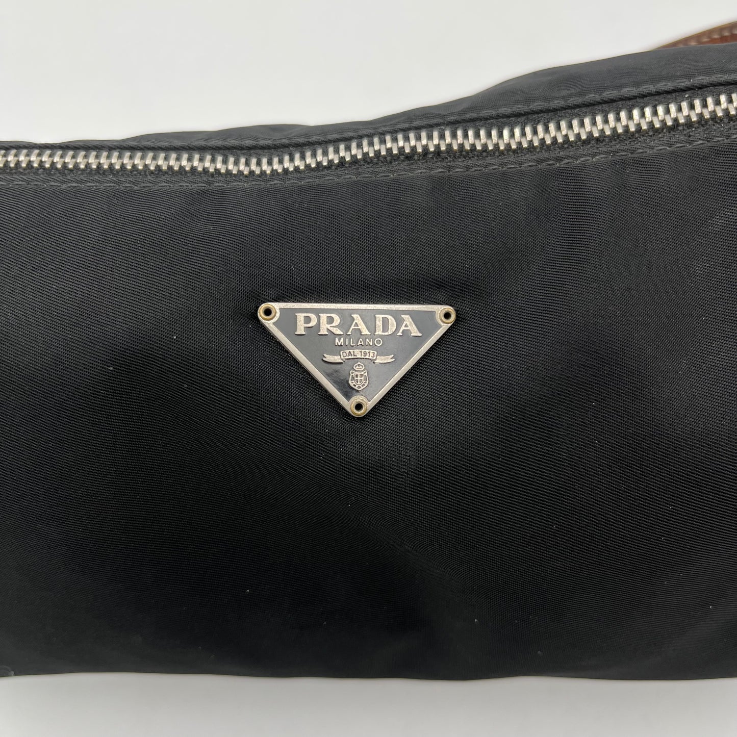 Prada Black Nylon Brown Leather Barrel Pochette