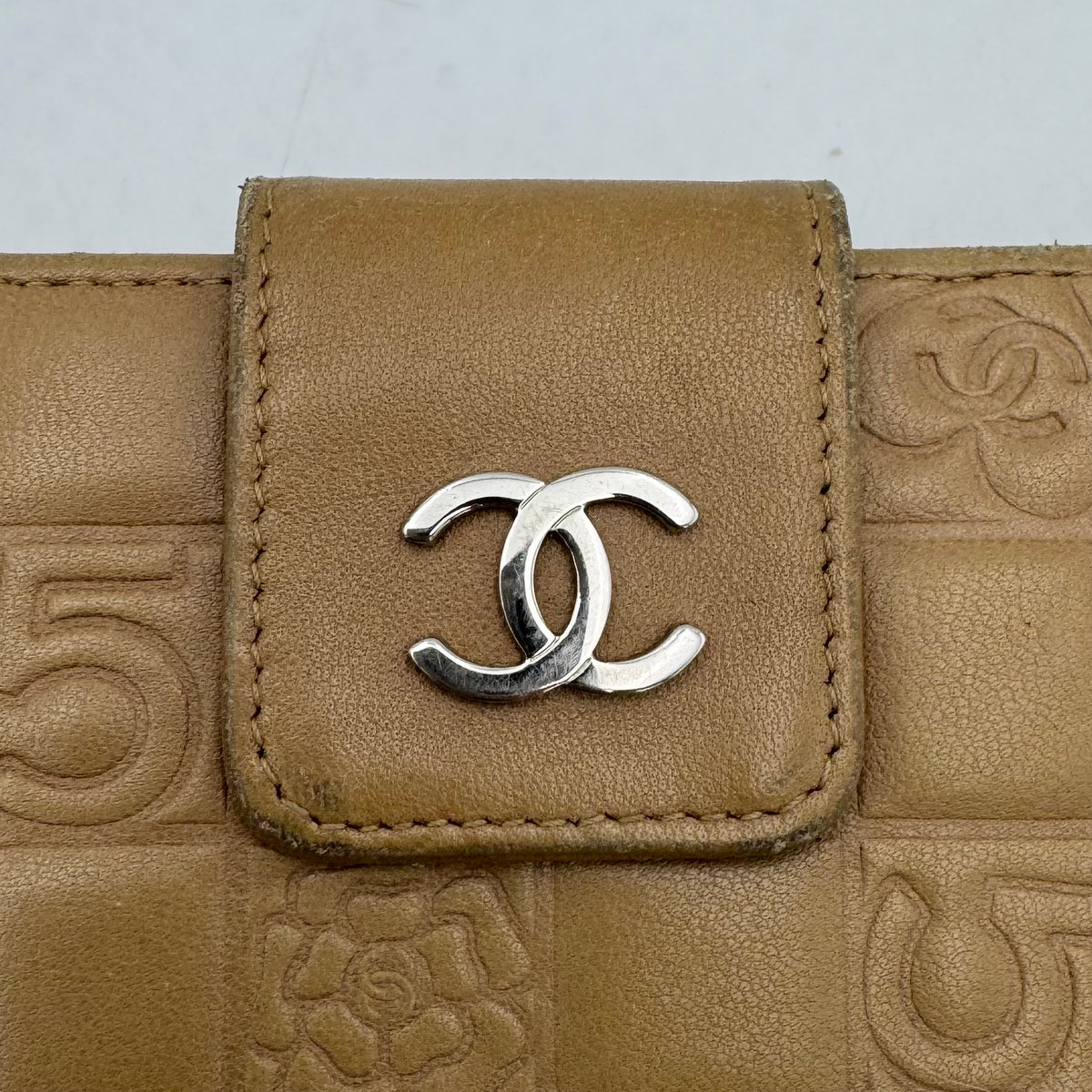 Chanel Beige Leather Icon Line Bifold Short Wallet