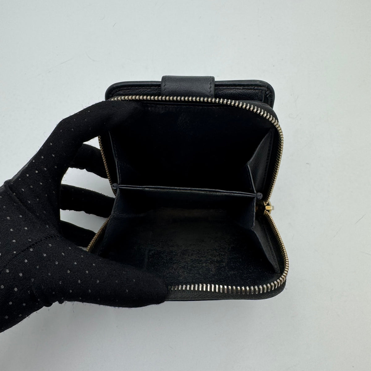 YSL Black Leather Logo Stitch Short Compact Wallet