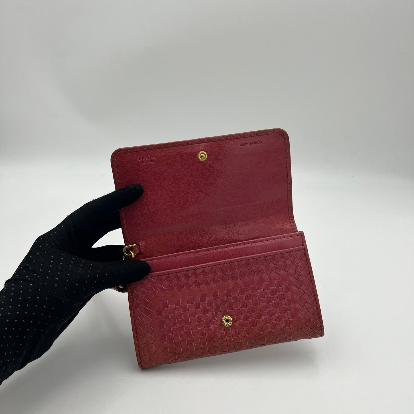 Prada Pink Woven Leather Madras Wristlet Wallet