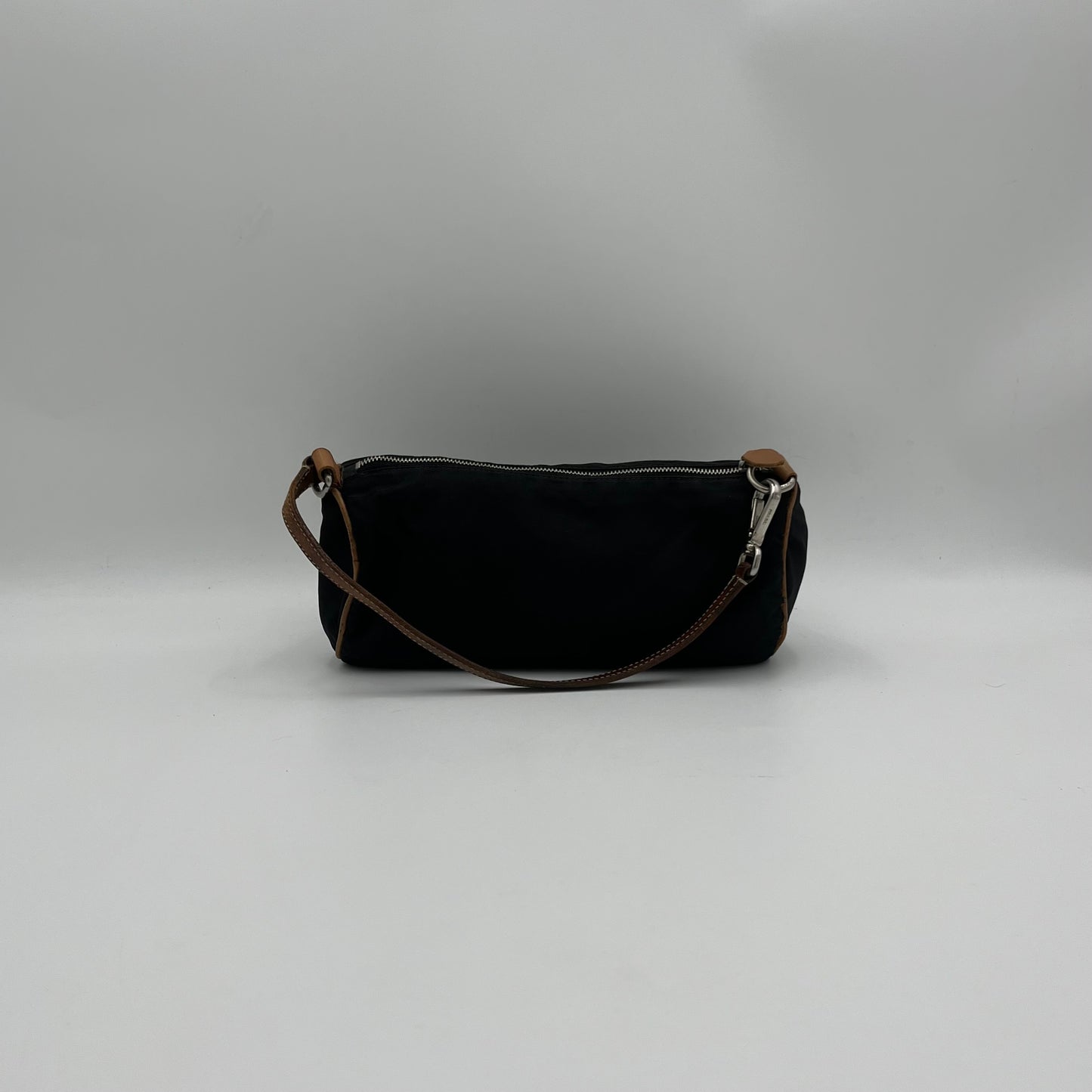 Prada Black Nylon Brown Leather Barrel Pochette