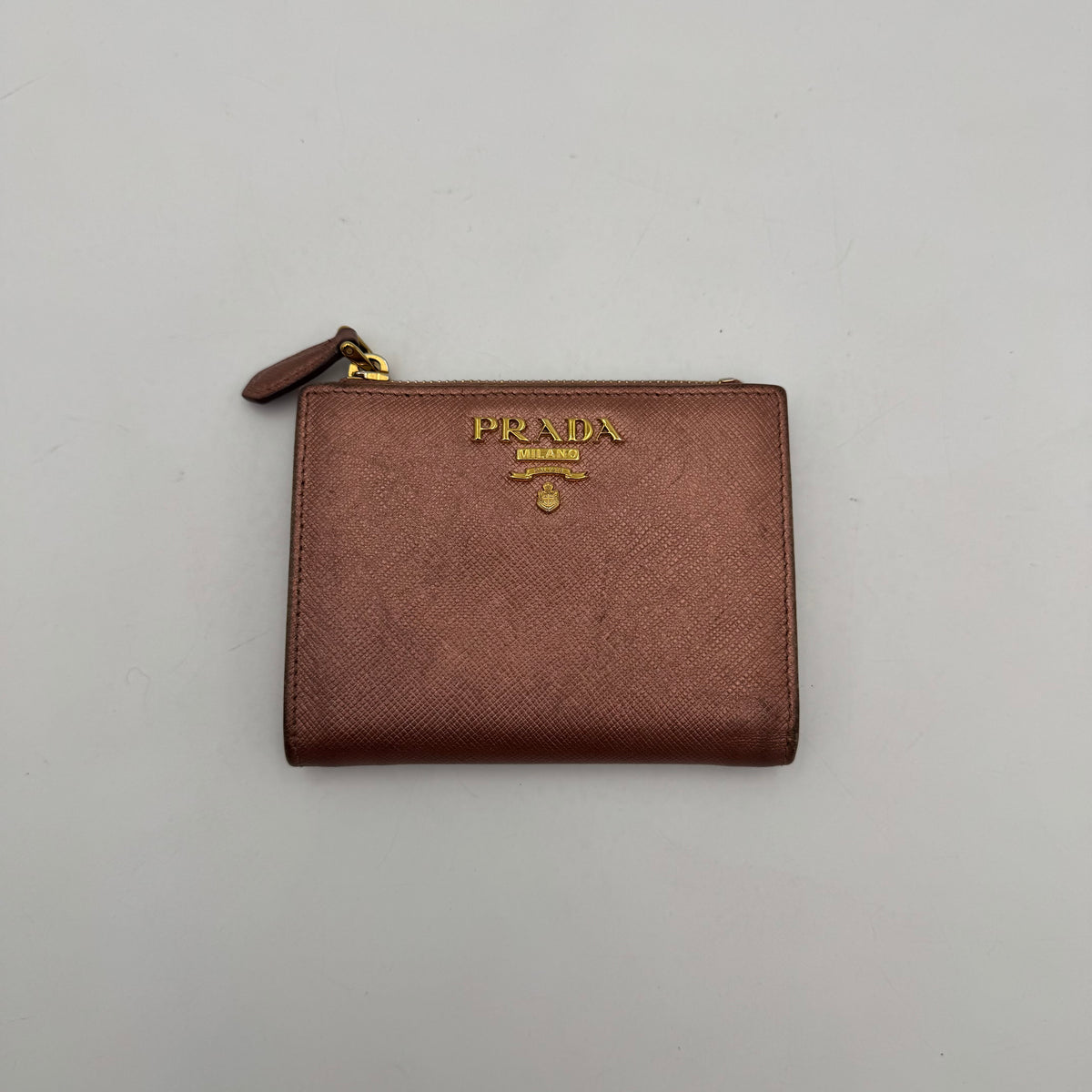 Prada Metallic Pink Saffiano Bifold Compact Wallet