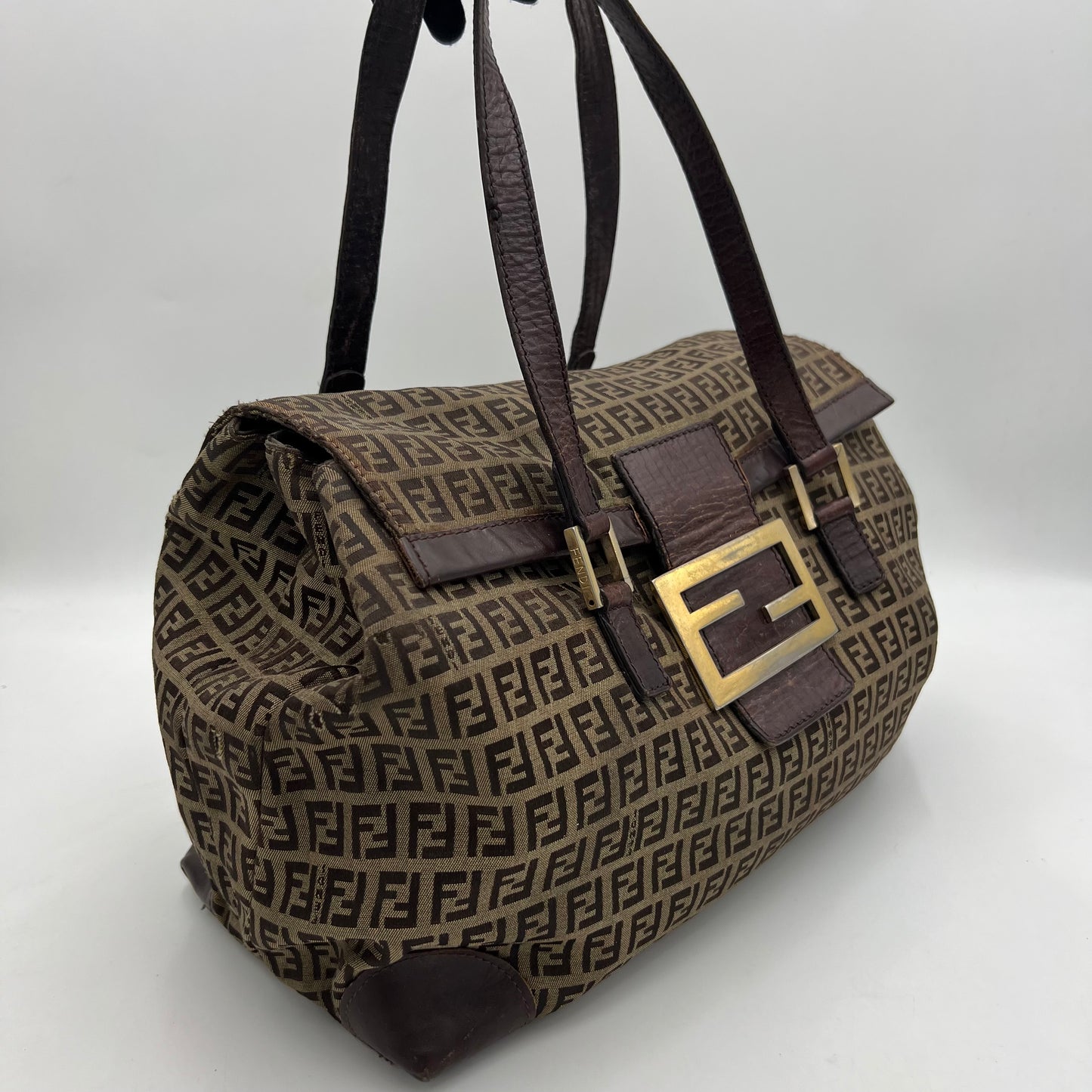 Fendi Brown Zucchino FF Buckle Flap Large Handbag