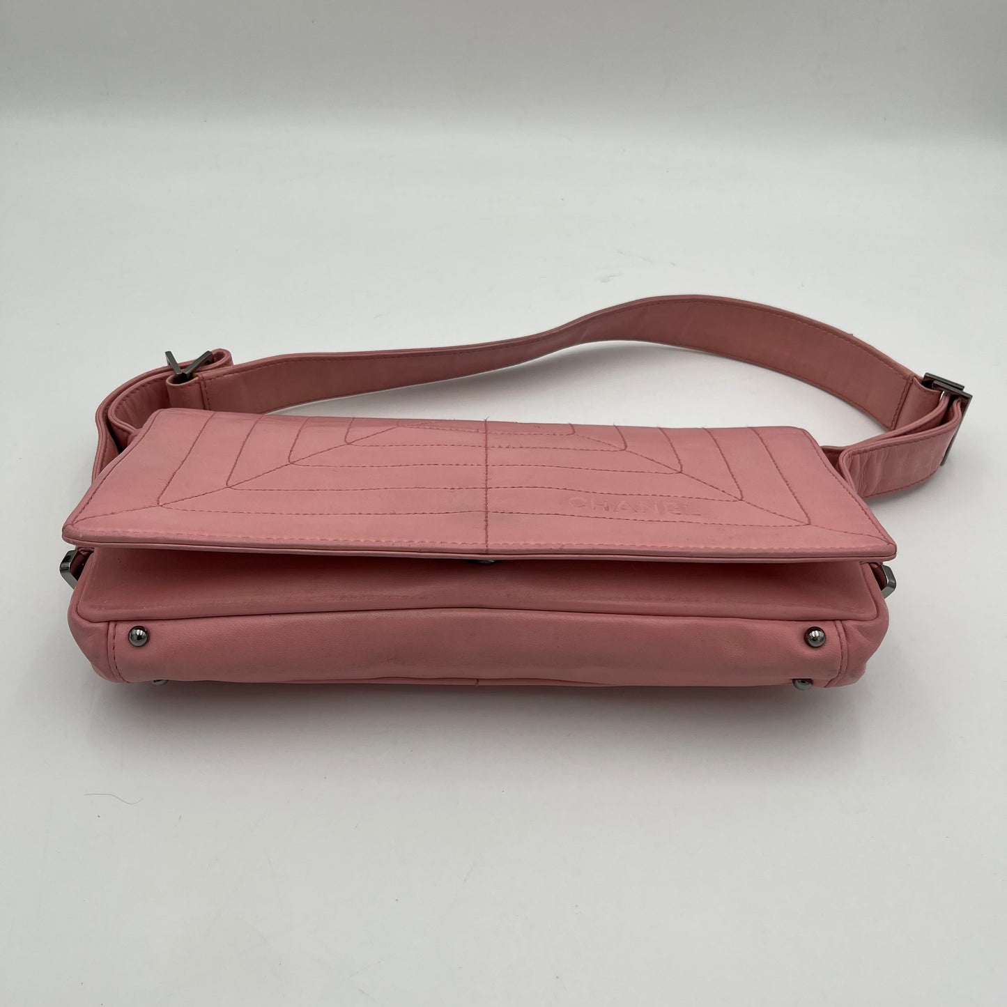 Chanel Pink Stitched Leather Flap Baguette