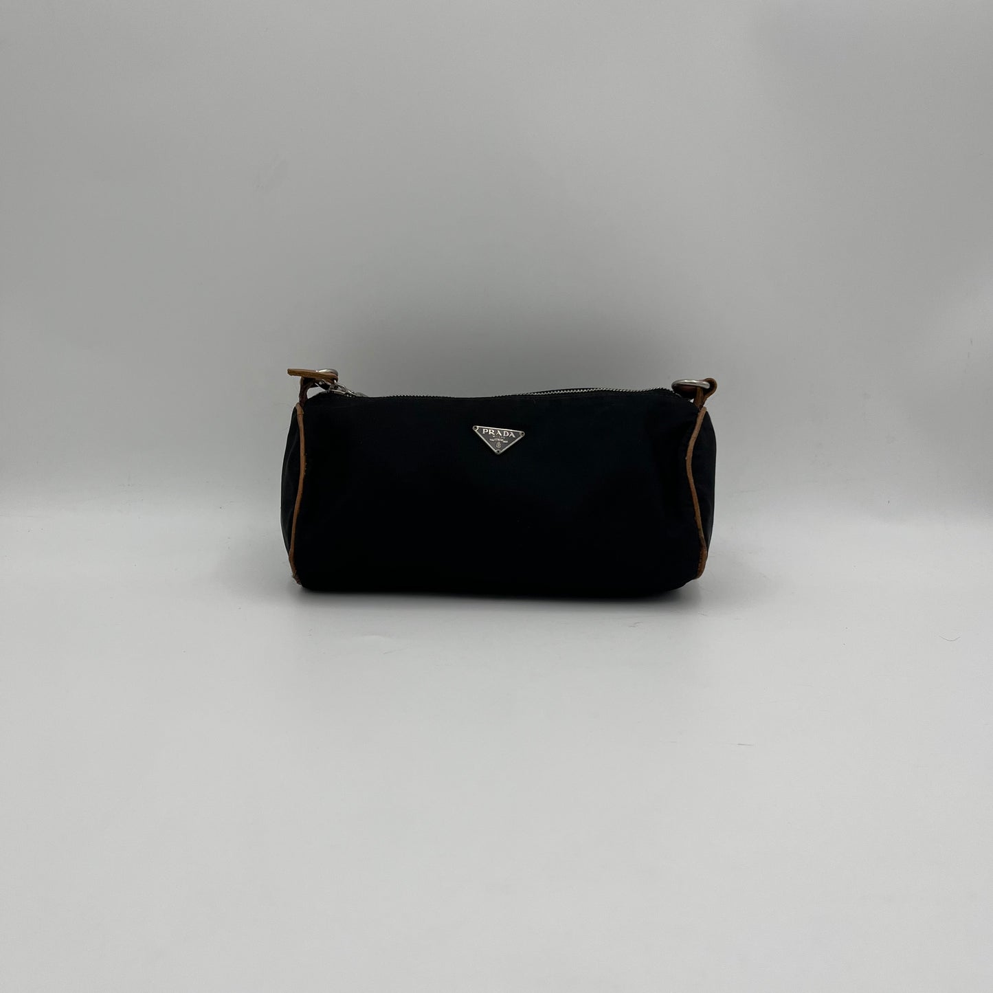 Prada Black Nylon Brown Leather Barrel Pochette