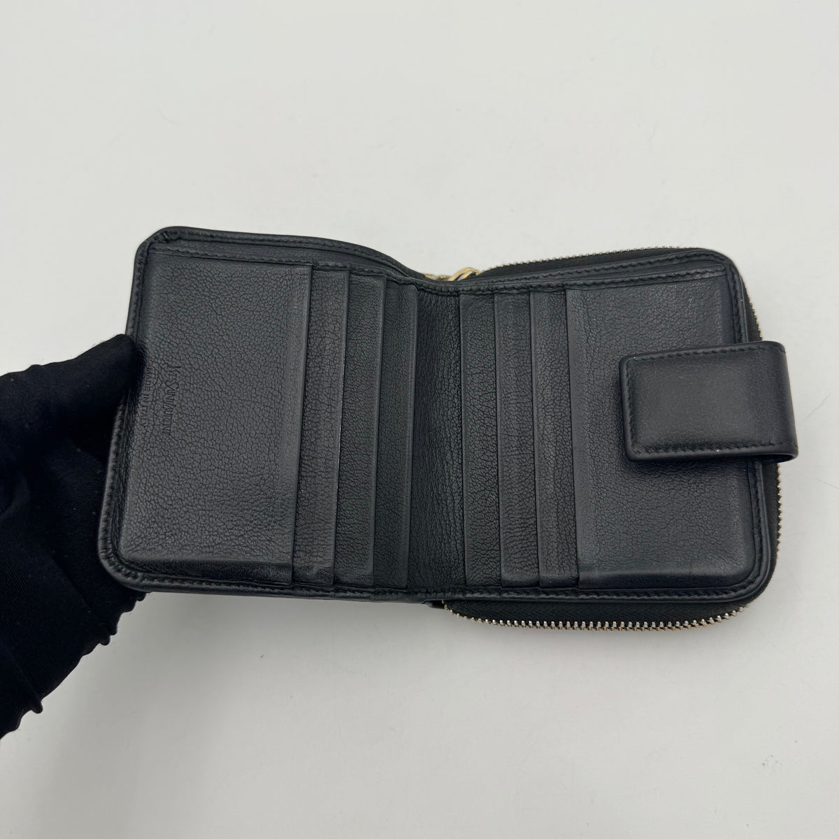 YSL Black Leather Logo Stitch Short Compact Wallet