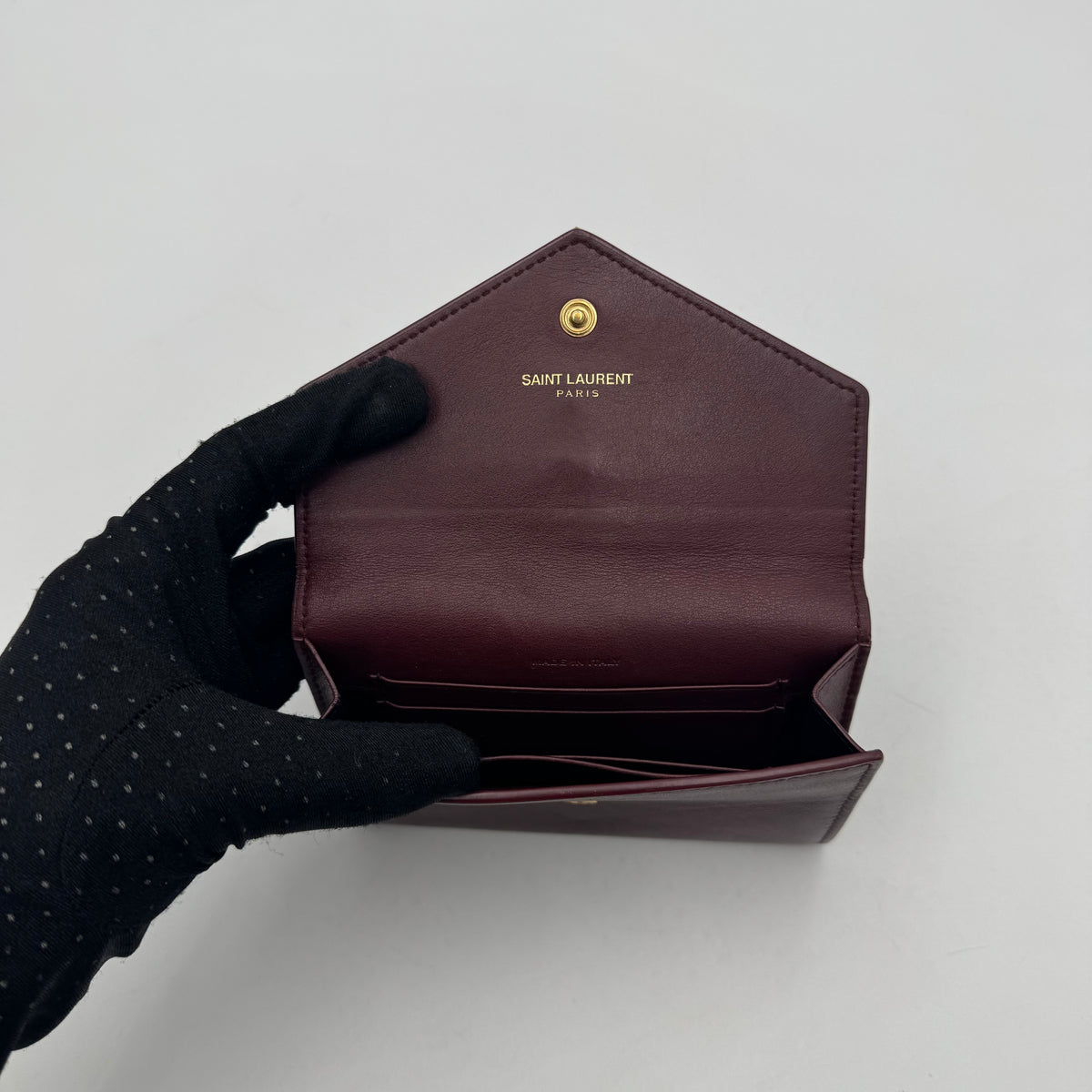YSL Burgundy Leather Envelope Medium Card Wallet GHW
